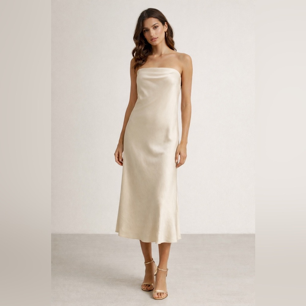 Lioness Satin Cowl Neck Slip Dress Cream Champagne Bias Cut Midi | Medium